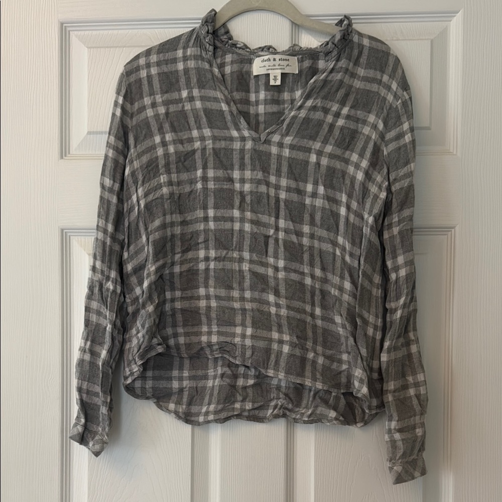 Cloth & Stone Gray Relaxed Blouse with Mandarin Collar